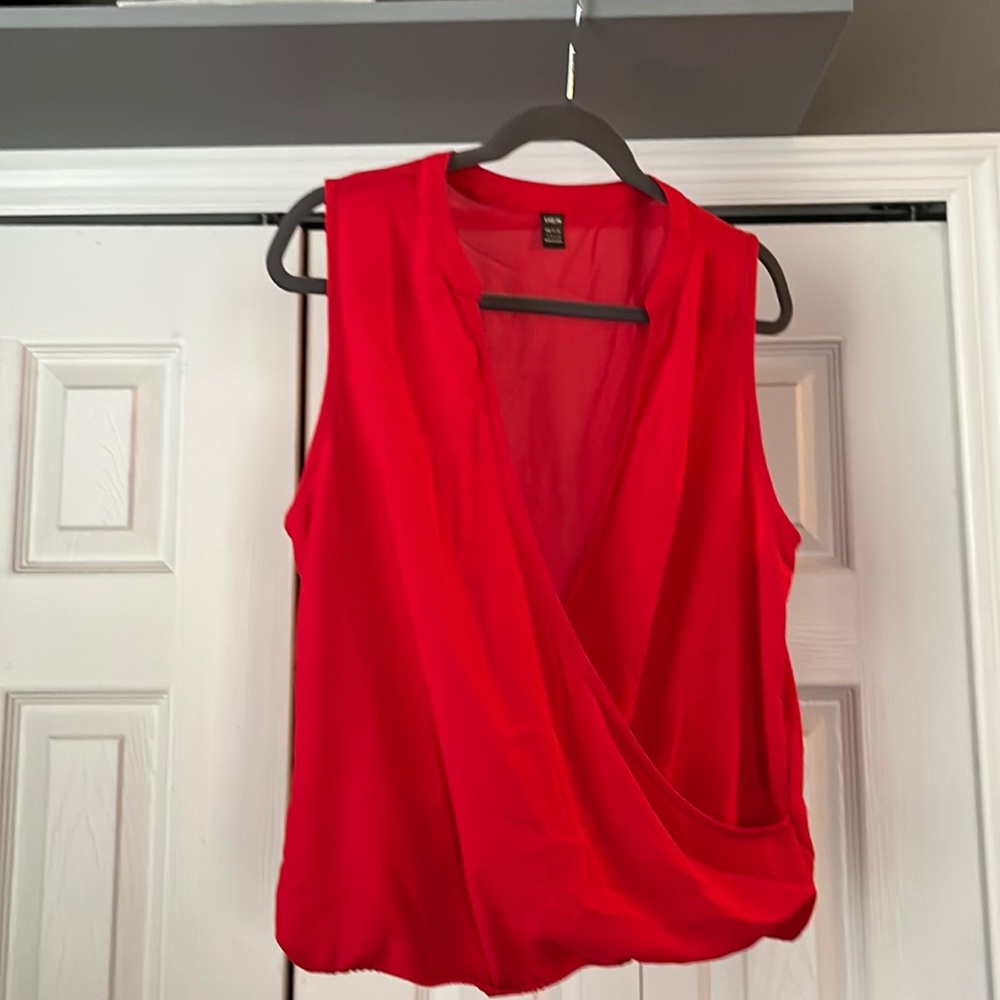 $20 Red Hot V Low Cut Criss Cross Front Blouse size L